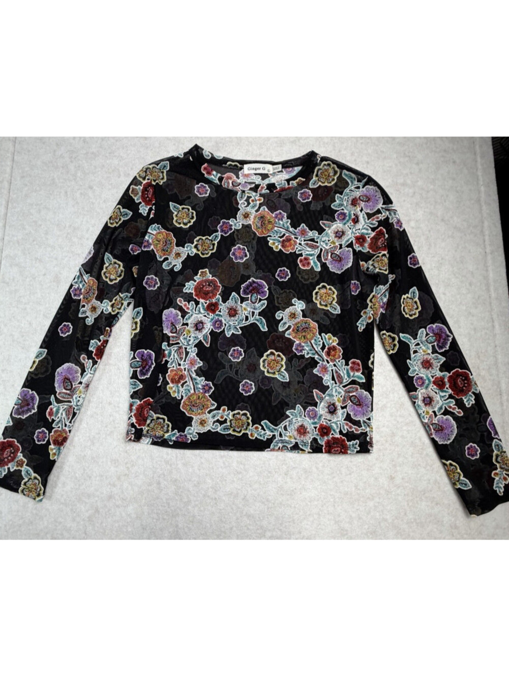 Ginger G Women’s Vibrant Multicolor Foral Print Long Sleeve Sheer Top Juniors L